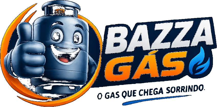 Mascote da Bazza Gás, um botijão sorridente fazendo sinal de positivo, com o slogan: o gás que chega sorrindo